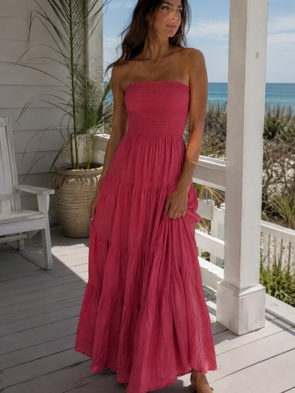 HYFVE Women's Pink Strapless Smocked Maxi Dress Boho Tiered Size M